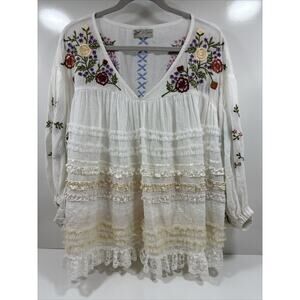 Fillyboo Boho Mini Dress Blouse Size Small Floral Embroidered Lace Prairie